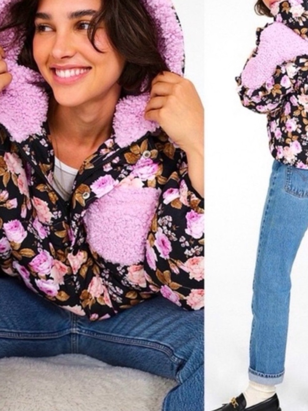For Love And Lemons Black Floral Teddy Jacket with Pink Sherpa